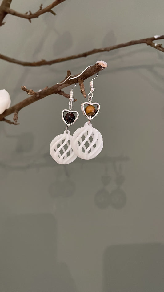 Boucles d'oreilles boule 3D blanc oeil de tigre