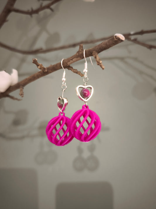 Boucles d'oreilles boule 3D fuchia coeur
