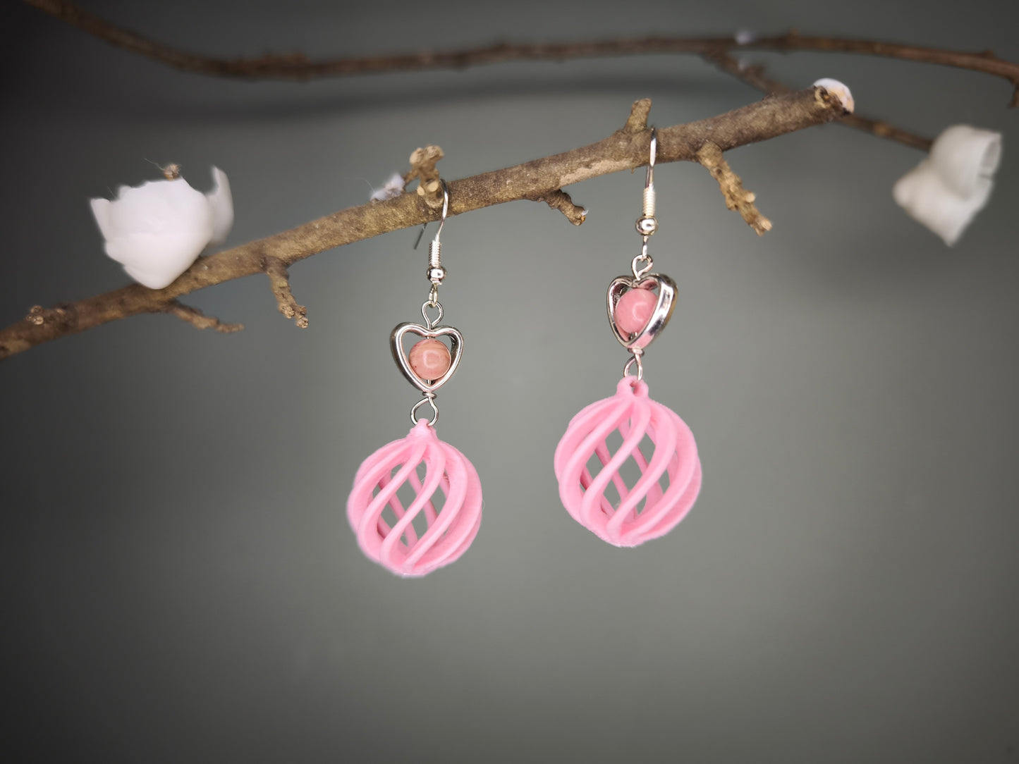 Boucles d'oreilles boule 3D rose coeur