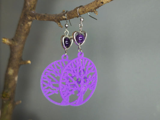 Boucles d'oreilles arbre de vie violet coeur