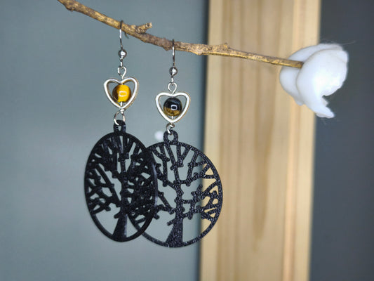 Boucles d'oreilles arbre de vie noir coeur oeil de tigre