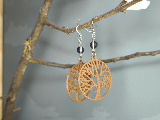 Boucles d'oreilles arbre de vie marron rond pierre de lave